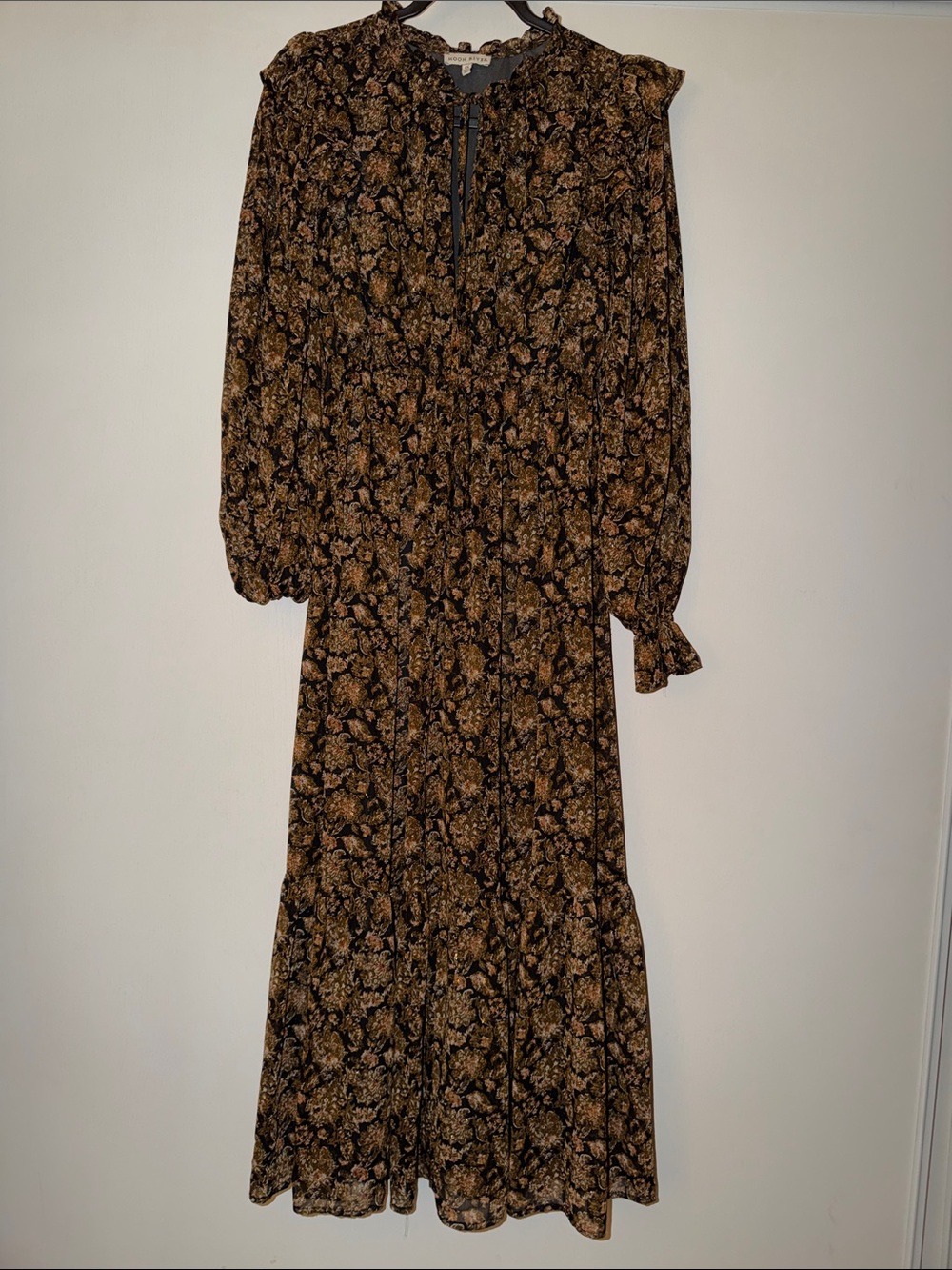 Moon River Black Maxi Dress with Brown Floral Motif